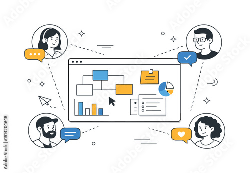 Collaborative online workspace. A remote team working together on a shared digital board, avatars connected by lines and chat bubbles, calm