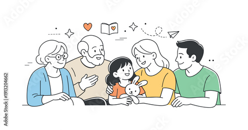 Extended family support. Grandparents and parents spending calm time with a child, sharing stories and gentle interaction. Warm connection,