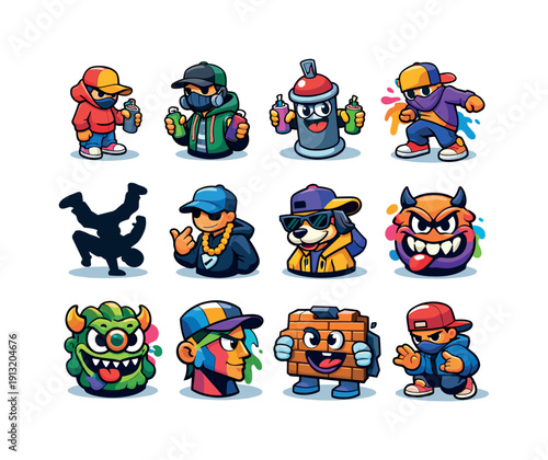 Graffiti characters. Colorful isometric vector icons set of Graffiti characters: cartoon street figure, masked urban artist, spray can