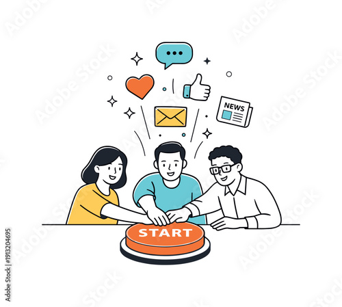 PR campaign launch. Team members pressing a symbolic start button as messages, likes, and news icons gently rise upward. Optimism,