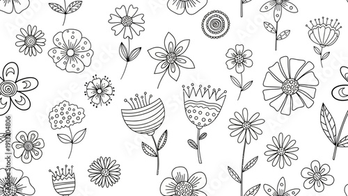 Black and White Hand Drawn Flowers.