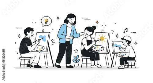 Creative art lesson. Students painting with brushes and palettes while the teacher moves between them, offering guidance. Calm educational