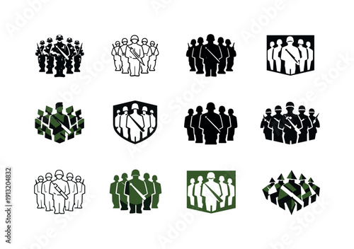 Soldiers in formation. Icon set. Set Logo of soldiers in formation: military parade block. harmonious logo variations of the same emblematic