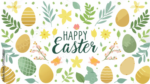 A festive Happy Easter illustration featuring decorated eggs, yellow flowers, and green botanical leaves in a soft pastel watercolor style on a white background.