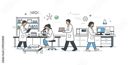 Modern laboratory workflow. A clean lab space with researchers moving between workstations, shelves, and instruments in an organized layout.
