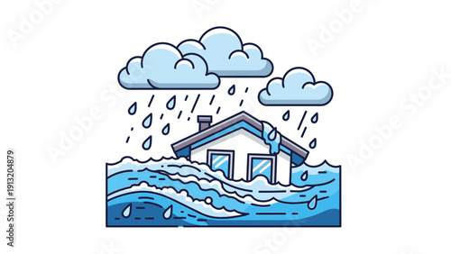 Flooded House with Rain and Clouds.