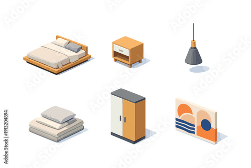 Modern bedroom. Isometric flat vector icons set of modern bedroom: low platform bed, bedside table minimal, pendant bedside lamp, soft