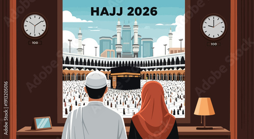 Couple viewing the Hajj pilgrimage scene from an interior room with clocks and a lamp beside a window