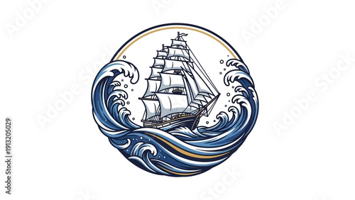 Vintage Sailing Ship Ocean Waves.