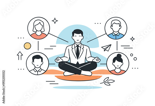 Modern leadership concept. A leader at the center with connected team icons and abstract shapes, calm balance and focus. Editorial visual