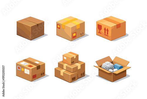 Isometric Delivery Boxes. Delivery boxes. Isometric flat vector icons set of delivery boxes: cardboard shipping box, sealed parcel box, fragile package box,