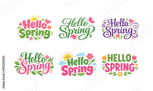 Hello spring cuteness. Set lettering. harmonious lettering variations of the same emblematic concept, each with different artistic