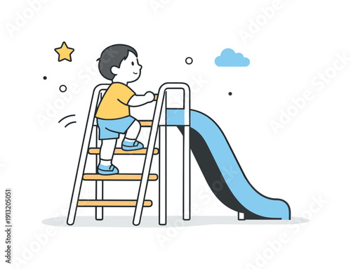 Children slide ladder. A small ladder leading up to a slide, with a child figure climbing calmly and confidently. The mood communicates