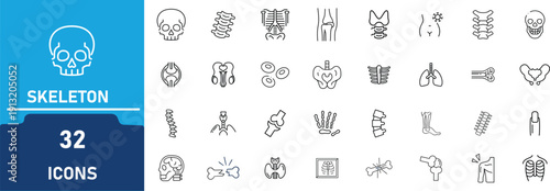 Skeletal System & Bone Anatomy Line Icon Set – Human Skeleton, Spine, Joints, Orthopedic, Medical Vector Outline Collection