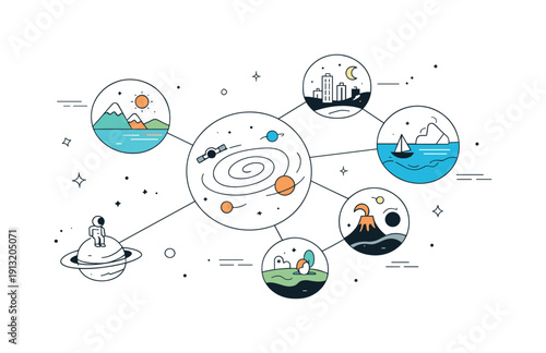 Cosmic multiverse exploration. Abstract universes floating in space, connected by thin lines, showing scale and infinity. Calm, thoughtful