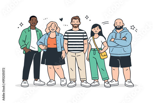 Fashion for all sizes. A group of diverse body-shaped characters standing confidently in modern outfits, smiling and relaxed. The scene