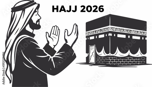 A man in traditional attire praying towards the Kaaba during Hajj pilgrimage in Mecca, illustration, side view