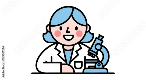 Smiling Female Scientist Cartoon With Microscope Illustration.