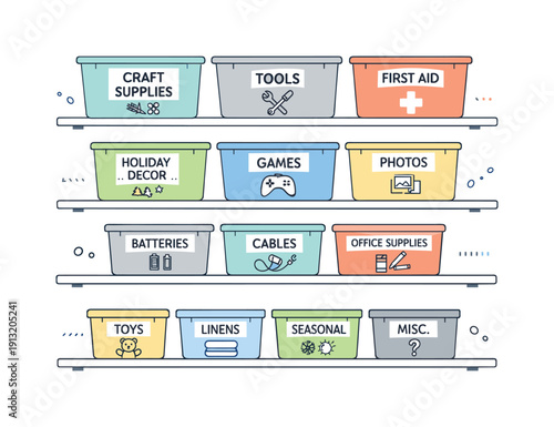Organized storage system. Labeled bins grouped by category, simple text tags and icons visible, clean shelves emphasizing clarity and