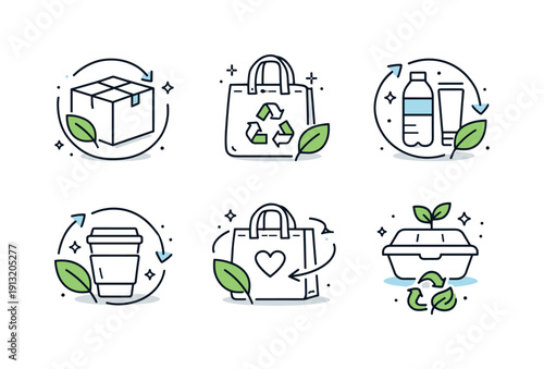 Eco-Friendly Packaging Icons. Environmentally friendly packaging. Simple package icons combined with leaves and arrows, symbolizing reuse, recycling, and