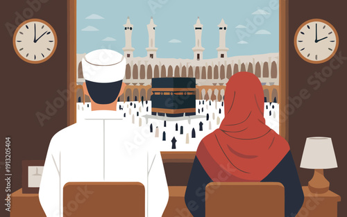 Couple waiting in hotel room gazing out at Kaaba during pilgrimage, serene morning view.
