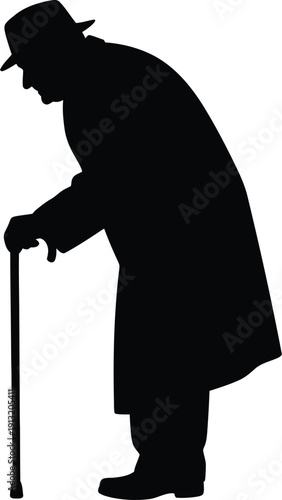 Elderly man silhouette leaning on a cane with a hat and long coat symbolizing age and wisdom in a simple illustration