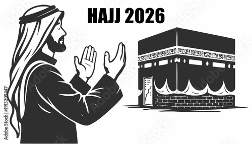 Man praying in front of the Kaaba during Hajj pilgrimage illustration