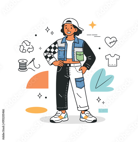 Finished upcycled outfit. Editorial scene showing a person confidently wearing a newly upcycled garment, simple background and abstract