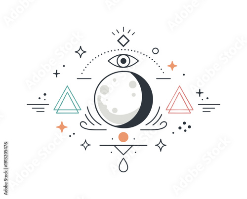Abstract lunar magic. The moon surrounded by geometric shapes, dots, and lines forming a symbolic magical composition. Modern mystical mood
