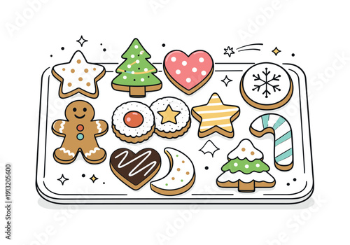 Holiday cookie assortment. Different cookie shapes like stars, trees and hearts displayed neatly on a tray. Clean editorial composition