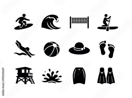 Surfing Icon Set. Surfing and Beach Sports. Solid icon set of Surfing and Beach Sports: surfboard rider, wave crest, beach volleyball net, paddleboard icon,