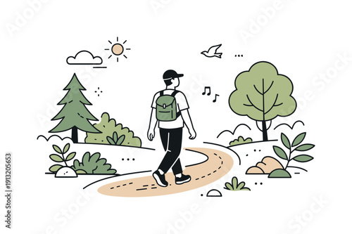 Mindful Forest Walk. Forests. Person walking slowly along a forest path, surrounded by trees and plants. Quiet moment of connection with nature and mindful