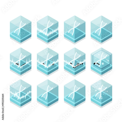 Glassmorphic Isometric Quantum Bio-Computing Icon Set. 16 Flat Vector Icons for DNA Sequencing, Qubit Processor, and Bio-Data