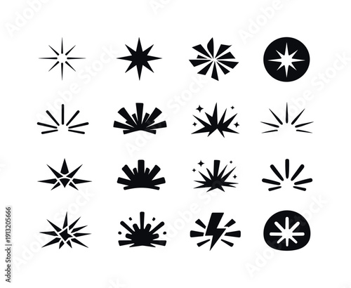 Flash of light. Icon set. Set Logo of flash of light: abstract light rays burst. harmonious logo variations of the same emblematic concept,