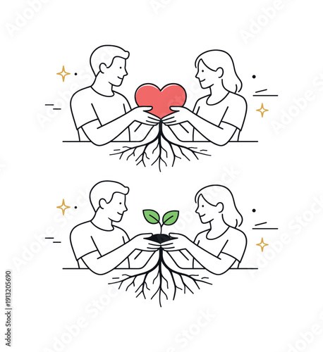 Lasting partnership. A symbolic scene of two people holding a shared heart or plant, roots growing below. Care, patience, long-term love.