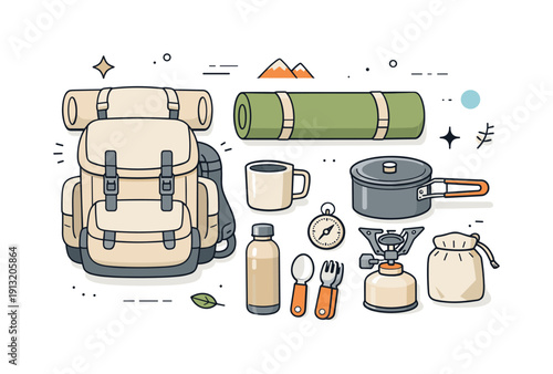 Minimalist Camping Gear. Outdoor gear essentials flat lay. Balanced display of neutral-tone camping items including backpack, mat, and cooking pot, designed