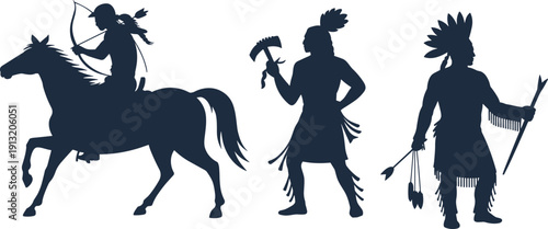 Black silhouette Native American figures illustration, warrior on horseback with bow, tomahawk and spear, feathered headdress, cultural heritage tribal artwork design