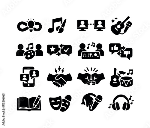 artist connection. Solid icon set of artist connection: creative link, music-meets-art icon, virtual collab, cross-genre blend, shared