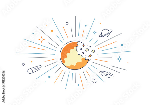 Stellar Transformation Art. Supernova and stellar death. Abstract editorial illustration of a star gently exploding into space, simplified rays and particles