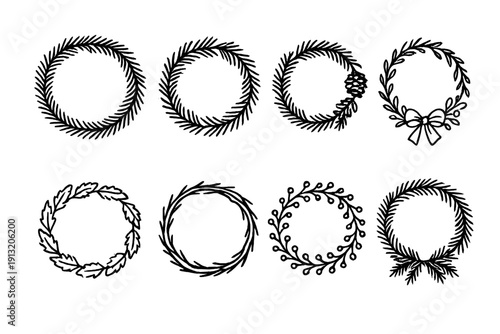 Wreath Icon Collection. Evergreen Wreath Designs outline icons: spruce wreath, fir branch circle, pinecone accent wreath, mistletoe and ribbon wreath, frosted leaf ring, rustic