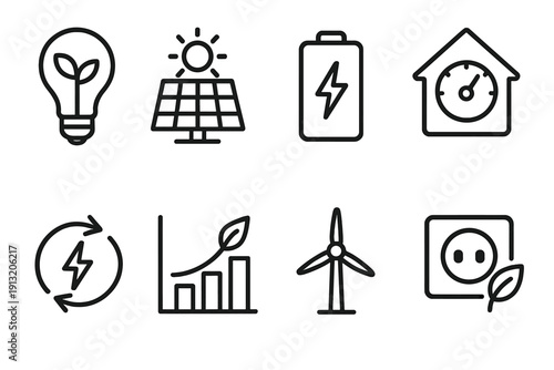 Eco Energy Icons. Eco Energy Systems outline icons: eco-friendly bulb, renewable panel, battery charge, house efficiency meter, power flow diagram, sustainability chart, wind