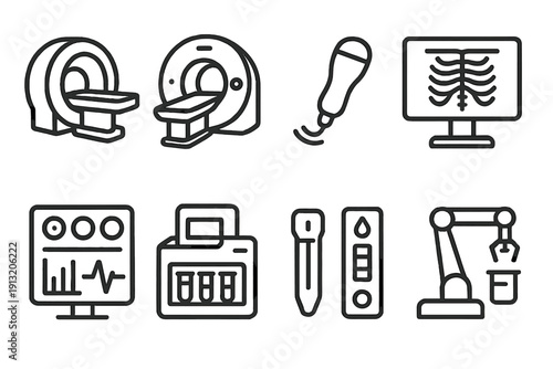 Diagnostic Device Icons. Diagnostic Medical Devices outline icons: MRI machine, CT scanner, ultrasound probe, X-ray monitor, diagnostic display panel, sample analyzer, test kit