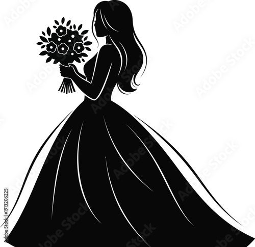 Elegant bride silhouette holding a beautiful bouquet of flowers in a classic wedding dress is a stunning representation of love and commitment on her special day.