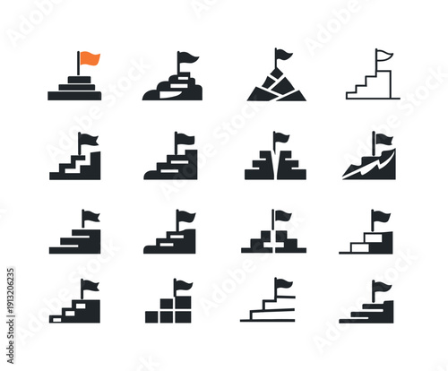 Game Mechanic Logos. Game mechanics. Icon set. Set Logo of game mechanics: progression levels. harmonious logo variations of the same emblematic concept, each