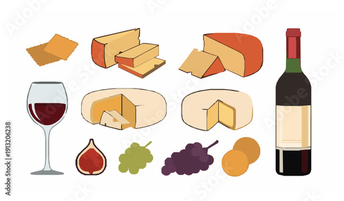 Wine and cheese vector collection in flat doodle style with grapes figs crackers and bottle isolated on white background