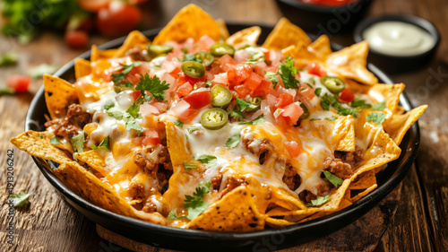 Delicious nachos with melted cheese sauce