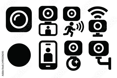 Smart Camera Icons. Smart Cameras silhouette set: lens icon, video feed, motion detection, Wi-Fi signal, recording dot, app view, night vision, security mount.