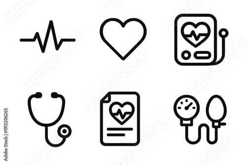 Heart Health Icons. Heart Health outline icons: ECG line, heart icon, pulse meter, stethoscope, health report, blood pressure gauge.