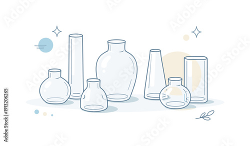 Minimalist Glass Vases. Glass vases clear. A group of clear glass vases in various minimal shapes arranged with soft reflections and subtle shadows. The scene