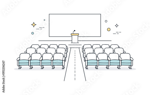 Quiet auditorium. Symmetrical rows of seats with an aisle in the center, sense of order and calm. Clean architectural editorial scene without